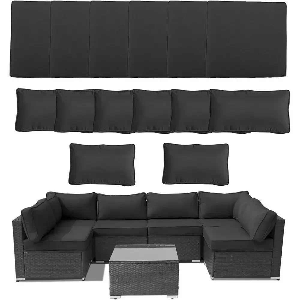 6-Seat Outdoor Wicker Sectional Couch Waterproof Cushions (Black, 23.6x23.6x3.9)