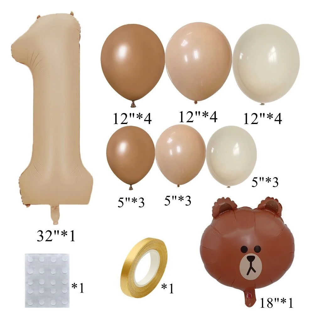 1set Carton Bear Vintage Brown Balloon Set Caramel Number Balloon for Kids Bear Themed Birthday Party Decorations DIY Supply