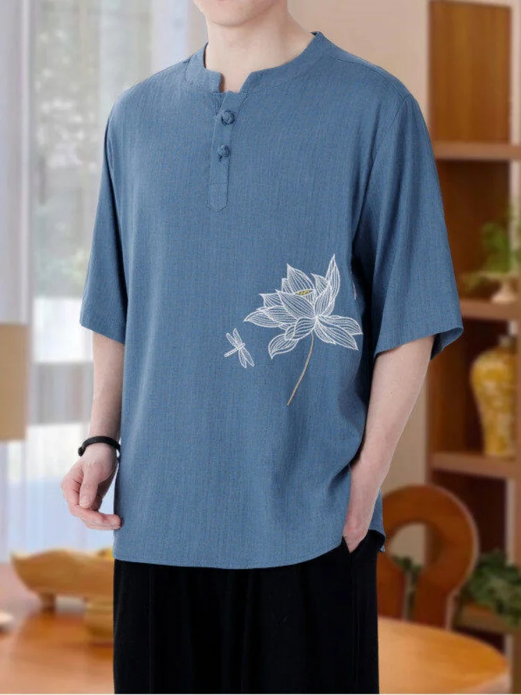 

Свободная льняная футболка с коротким рукавом, вышитая, из хлопка и льна, тонкая, летняя, из ледяного шелка, с коротким рукавом, в китайском стиле, молодежная, модная.