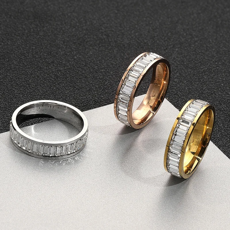 Nuevo anillo de circonia cúbica helado de 6mm para mujer, anillos de boda de acero inoxidable de Color dorado/plateado para mujer, regalo de joyería de moda