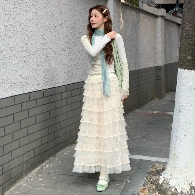 Spring Summer Autumn Floral Patchwork Long Sleeve T-Shirt Slim Fit Base Shirt Women Super Fairy Atmosphere Lace Cake Skirt