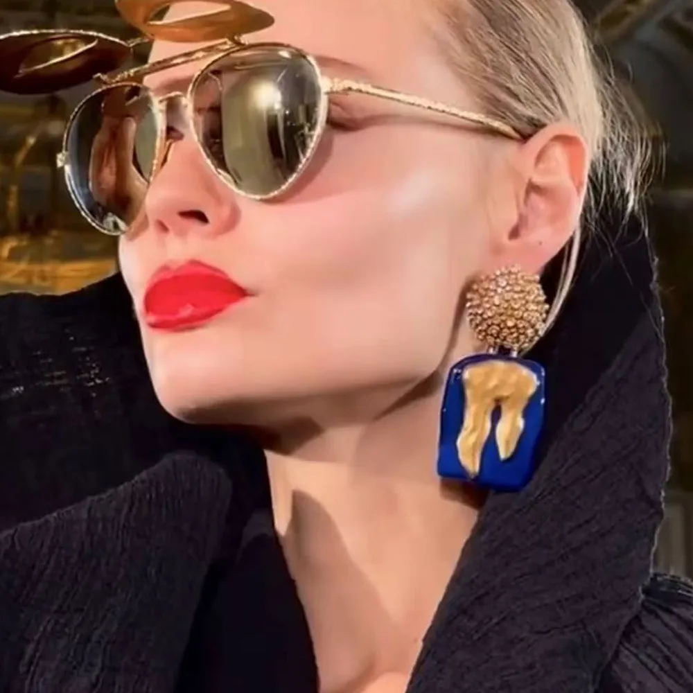 New Metal Blue Enamel Drop Dangle Earrings For Women Fashion Jewelry Vintage Ladys\' Statement Earrings Accessories