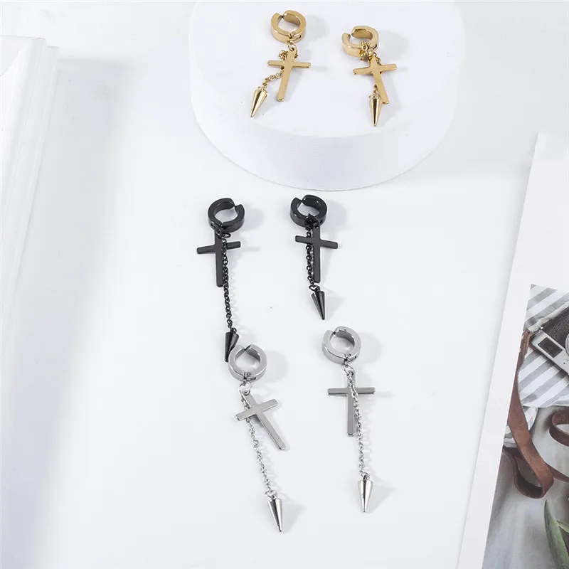 Fashion Punk Cross Tassel Pendant Earrings Stainless Steel Classic Geometric Charms Clip Ear Jewelry Party Gifts For Women Men