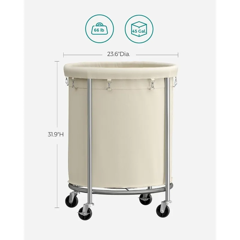 Laundry Basket w/Wheels, Rolling Laundry Hamper, 45 Gal., Round Laundry Cart w/Steel Frame, Removable Bag, 4 Casters & 2 Brakes