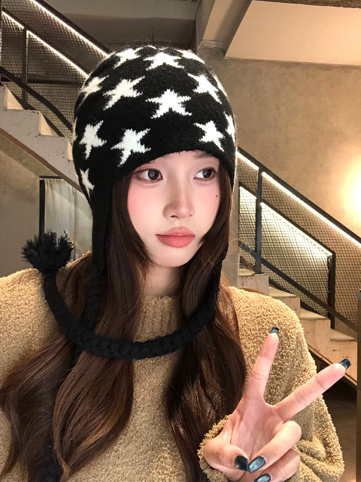 American Retro Knitted Star Hat Women's Autumn Winter Warm Ear Protection Large Head Circumference Versatile Knitted Wool Caps
