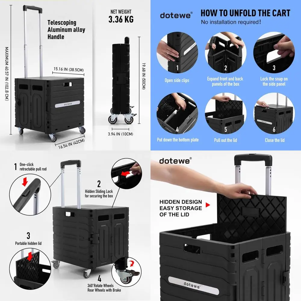 

Portable Folding Shopping Trolley with Lid, Black, for Grocery, Garden, Office, Storage, and Tools