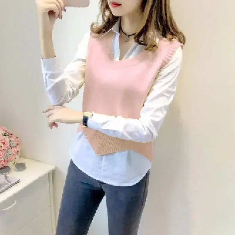 Knit Version Sleeveless Korean Female Vest Round Spring New Short Sweater Knitted Women 2021 Pullovers Autumn Casual Neck Vests