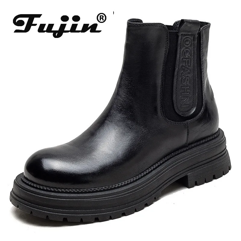 

Fujin 5cm Women Ankle Boots Spring Platform Wedge Ladies ROME Shoes Genuine Leather Chimney Round Toe Chelsea Autumn Moccasins