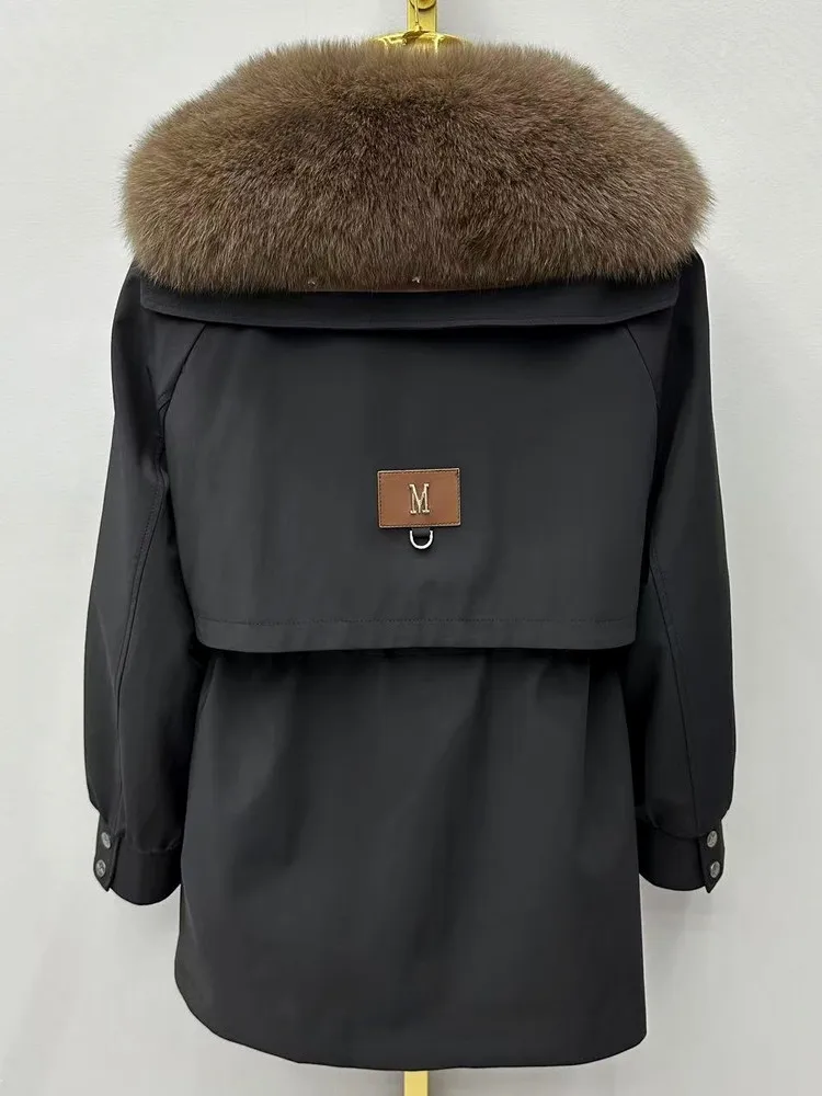 Parkas femeninas de moda nuevo abrigo cálido medio largo de invierno forro de pelo de conejo Rex desmontable cuello de piel de zorro Real abrigos de piel para mujer
