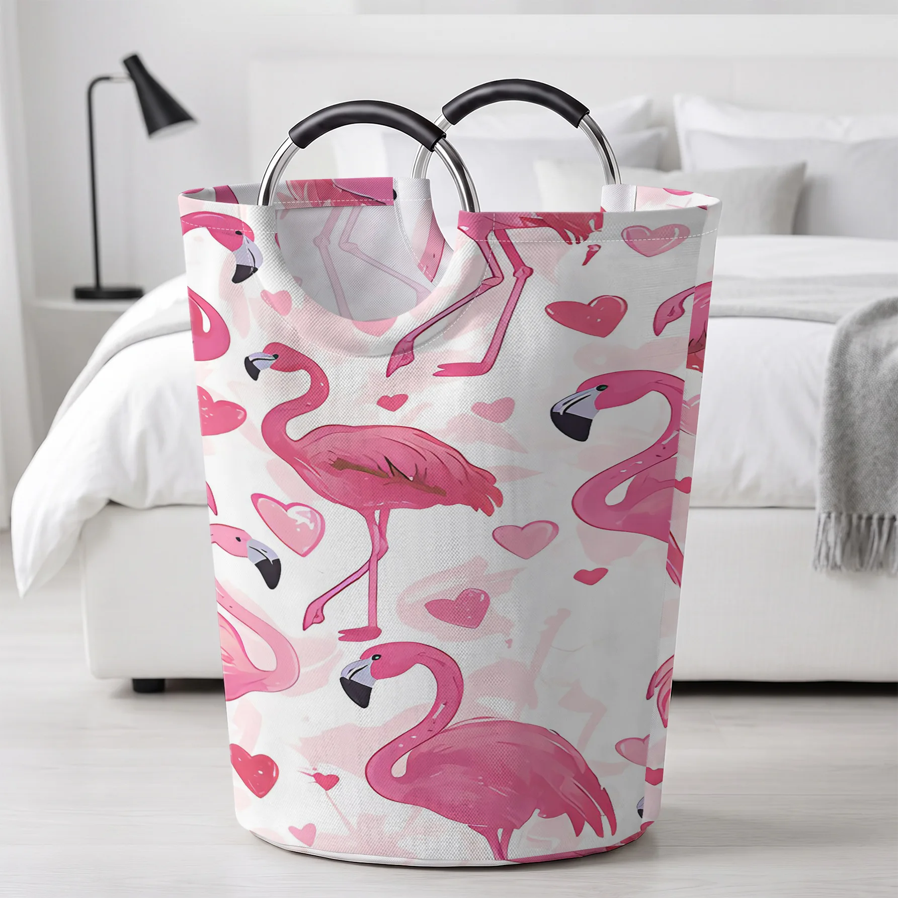 Flamingo And Heart All‑Over Print Handheld Storage Basket, For Laundry, Bedroom & Home Sundries Storage