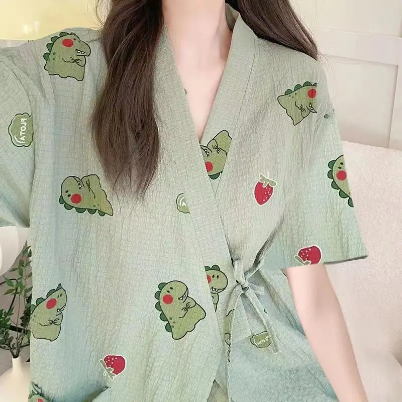 Bubble wrinkle pajamas women summer short-sleeved bathrobe sweet Japanese homewear pajamas shorts set