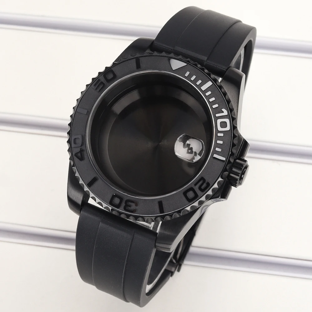 40mm Men 20ATM Watch Case Black Rubber Strap Sapphire For YACHT NH35 NH36 NH34 4R 7S26 Miyota8215 ETA2824 Watch Cases Refit Part