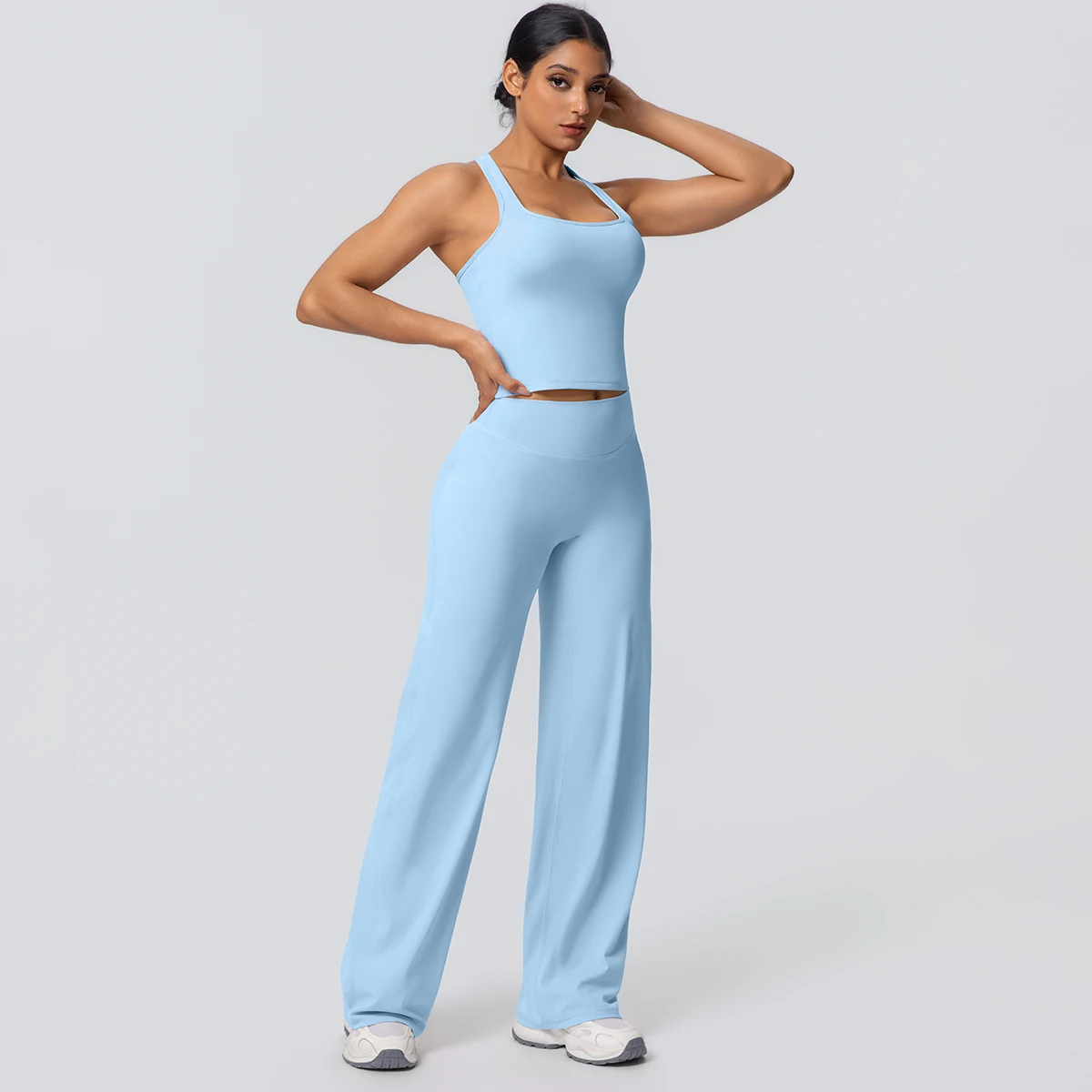 Frauen Sport Yoga Set Gym Schnell Trocknend Pfirsich Butt Yoga Hosen Einfarbig Schlank Schöne Zurück I-förmigen weste Yoga Set – Detail 32