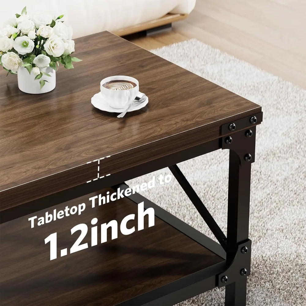 Rectangle Coffee Tables for Living Room, Wood Rectangular Coffee Table, 2 Tier Rustic Modern Center Table with Thickened Tableto