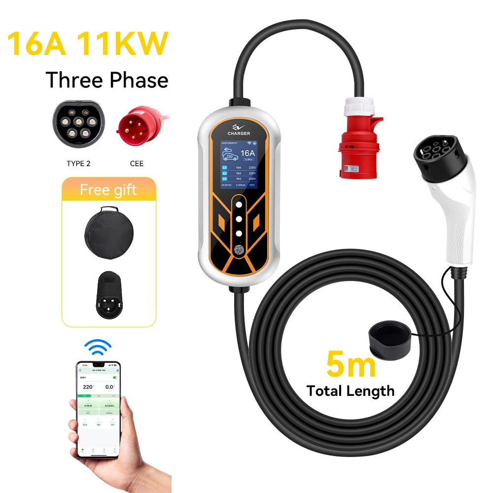 

11KW Type2 Portable Electric Car Charger IEC 62196 CEE Plug 5M Cable EVSE Charging Adjustable Current Wallbox With APP Control