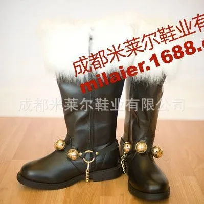 Christmas Santa Claus Boots Cosplay Black Leather Shoes White Plush Cuff Shoes Halloween Christmas Suitable For Men And Women