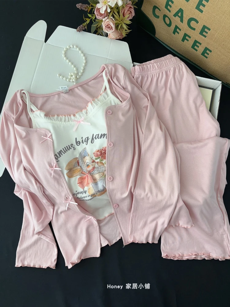 Japanese Modal Cotton Cartoon Cute Long-sleeved Pajamas Three-piece Set Casual Comfortable Sweet Sister Outdoors Loungewear