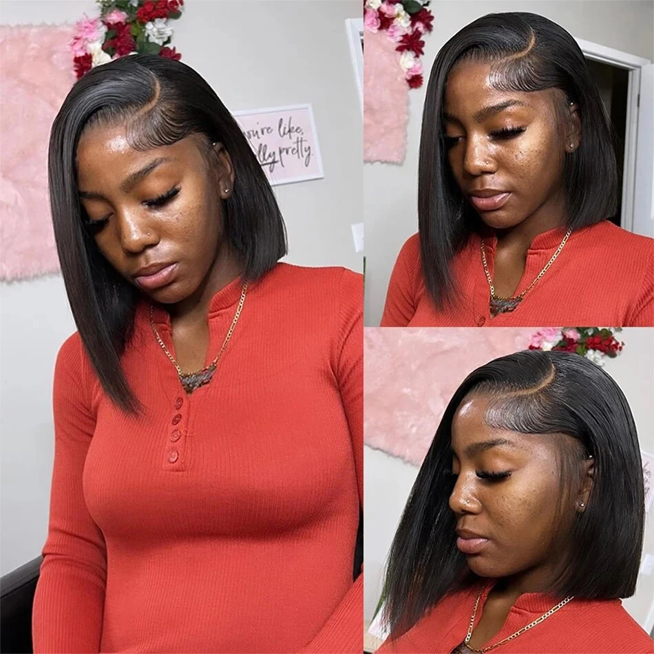 230% Density Short Bob Straight 13x4 Lace Front Wigs Brazilian Remy 100% Human Hair Preplucked 4x4 Transparent Lace Frontal Wig 12 14 Inches