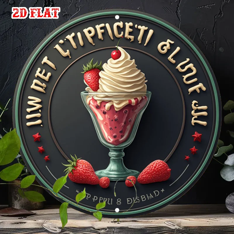 2D Flat 1pc Sweet Treats Round Sign Strawberry Garnish Round Sign Ice Cream Design Metal Sign - Creamy Dessert Rustic Metal