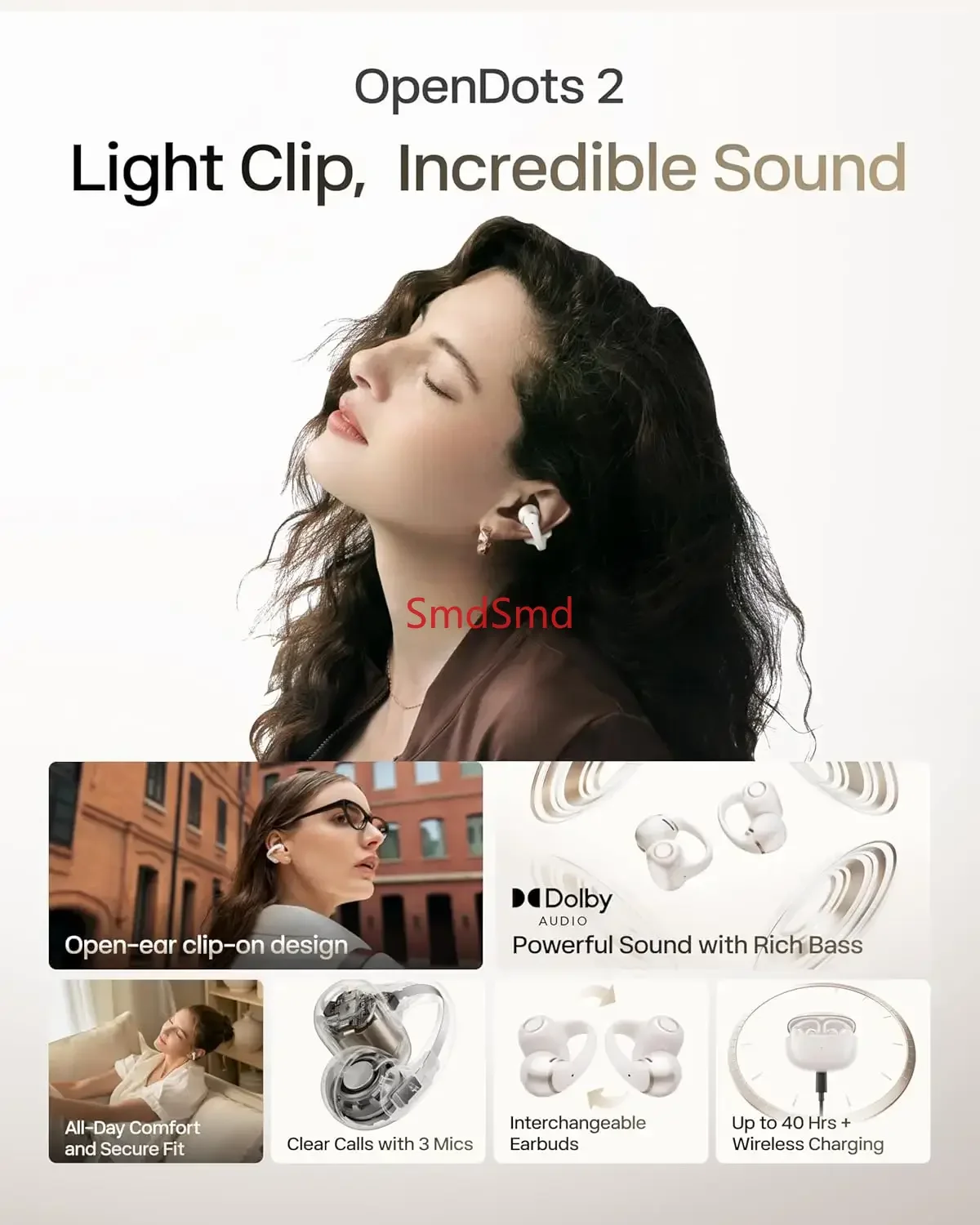 OpenDots 2 E320 Open-Ear Clip-On Earbuds with Upgraded Dolby Audio Bluetooth 6.1 Wireless Charging IP57 40 Hrs Playtime