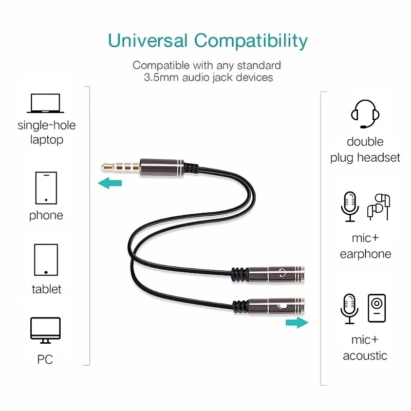 1PC 3.5mm kabel rozgałęźnik Audio 1 mężczyzna 2female słuchawki z mikrofonem Y Splitter dla przewód AUX rozdzielacz do słuchawek dla telefonów