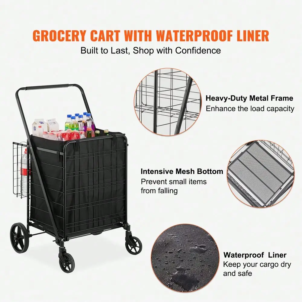 Folding Shopping Cart With Dual Baskets Jumbo Grocery Cart With Removable Waterproof Liner 360° Swivel Wheels 110lbs & 330lbs Large Capacity Utility Cart For Laundry, Shopping, Grocery, Luggage