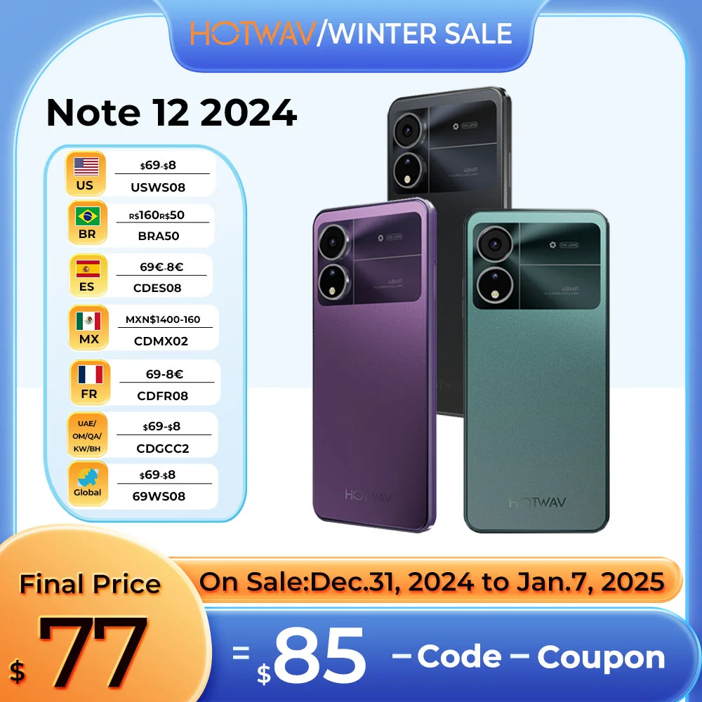 TWAV-Smartphone Note 12 2024 Android 14.0 + 5160mAh, Téléphone Portable de 6 + 128 Go, Caméra de 48MP + 16MP + 0.08MP, Écran de 6.8 Pouces, Nouveau