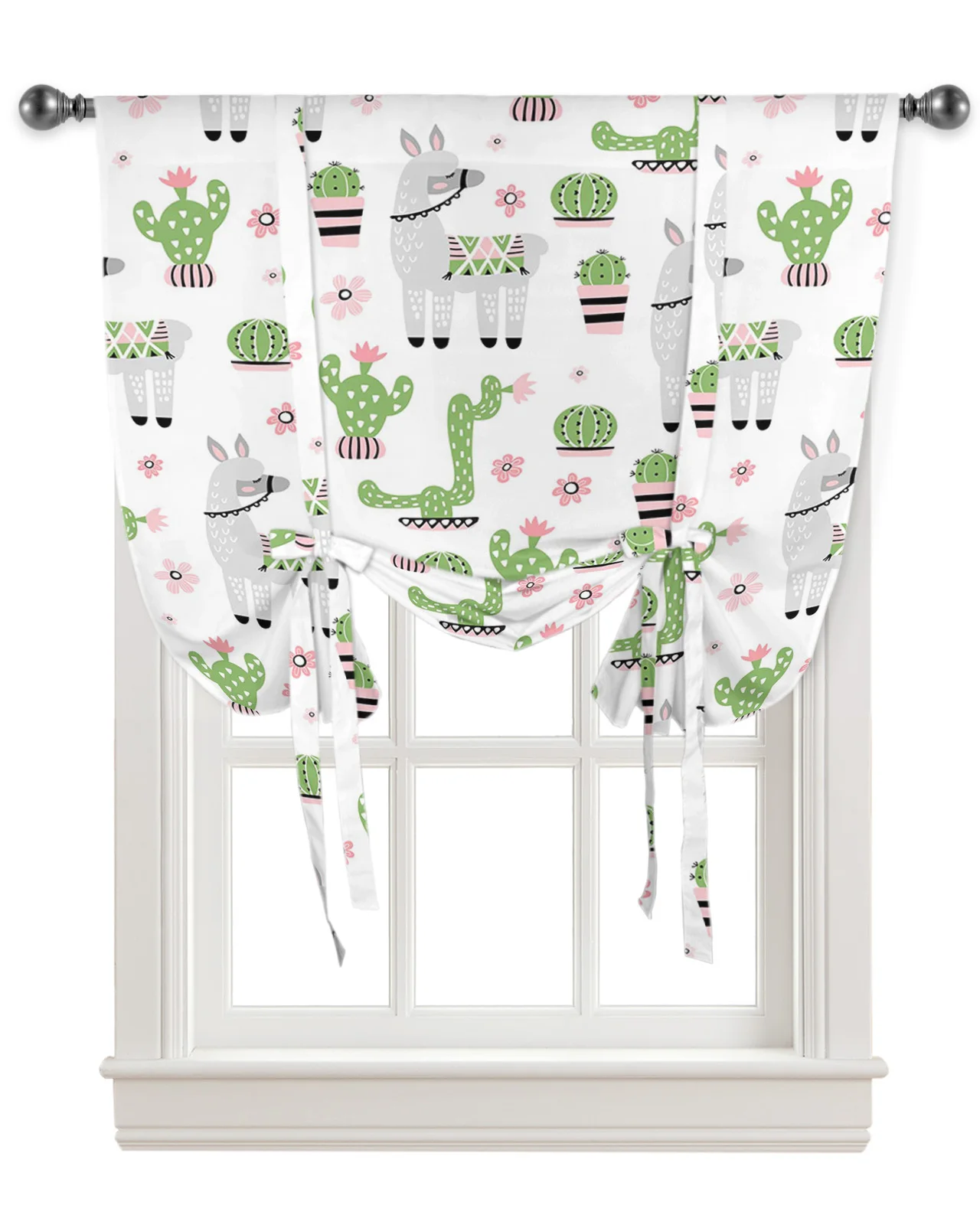 Cartoon Animal Alpaca Cactus Green Kitchen Short Window Curtain Modern Home Decor Small Window Roman Tie Up Curtains