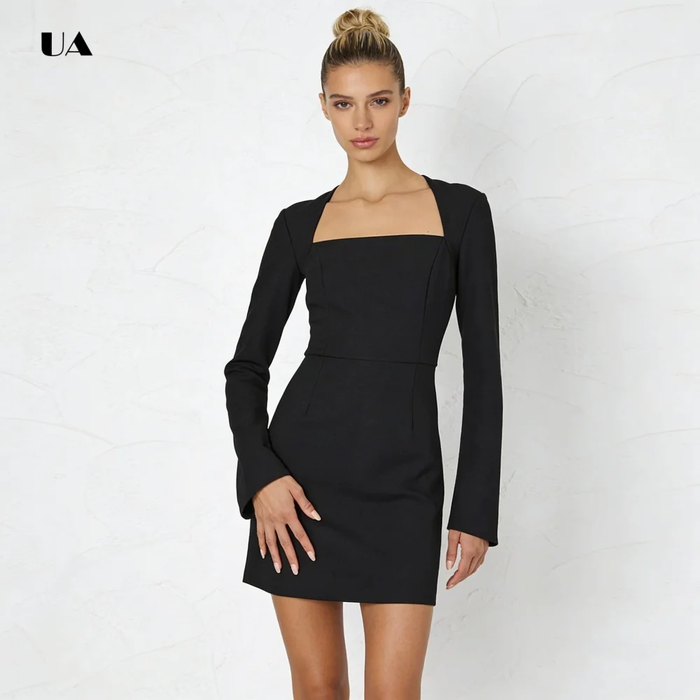 Mini robe ajustée et évasée simples à manches longues, robes de soirée trapèze solides pour femmes, robe de soirée classique personnalisée