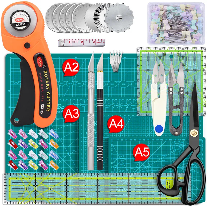 Rotary Cutter Tool Kit with Blades Mat Patchwork Ruler Carving Knife Scissors Clips Straight Pins for Sewing and Quilting Set