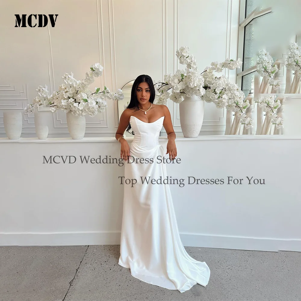 

MCDV Elegant Ivory Satin Wedding Dress with Veil Strapless Draped Sweep Train Bridal Gown Customized New Vestido de novia 2026