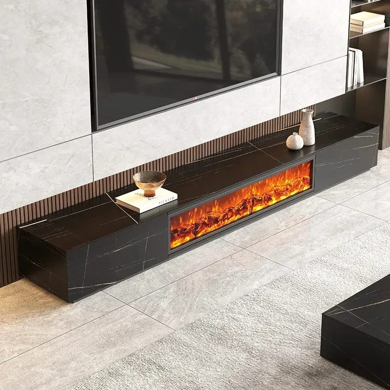 Luxury Sintered Stone TV Cabinet, Electric Fireplace, Simulated Flame TV Table, Living Room Storage Cabinet, Coffee Table