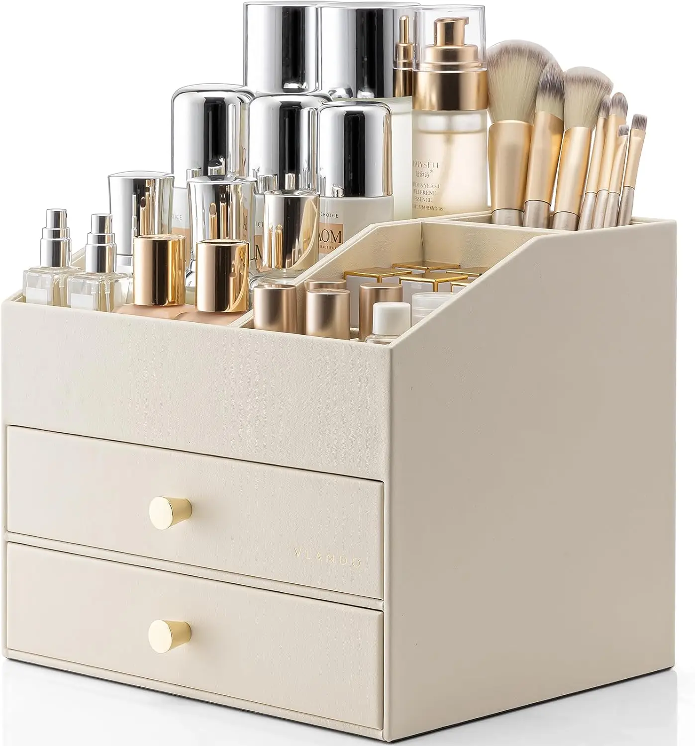

Makeup Organizer for Vanity,Large Capacity Countertop Organizer with Drawers, PU Leather Cosmetic Display Case for Lipsti