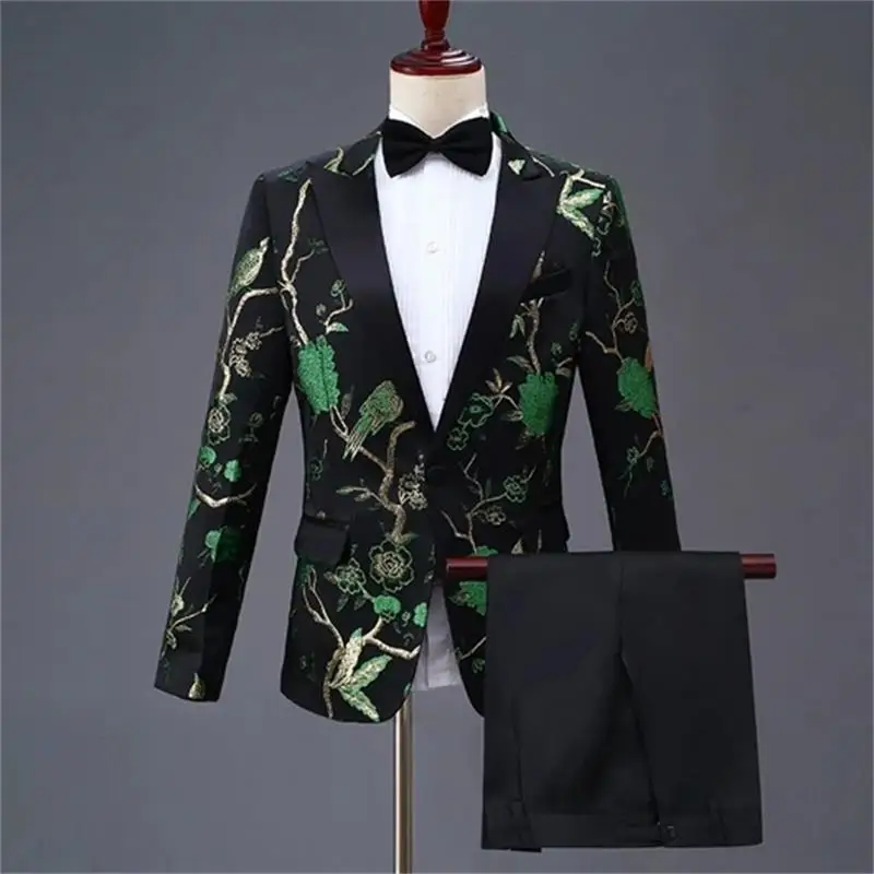 

Gold Flower Bird Embroidery Dress Suit Men Slim Fit One Button Mens Suits With Pants Stage Prom Wedding Grooms Costume Homme