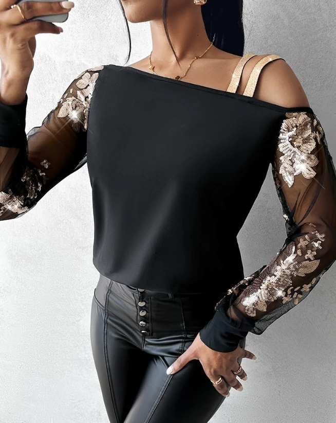 

Women's Sexy Top 2024 Summer Autumn Latest Mesh Patch Floral Sequein Cold Shoulder Shirt Long Sleeve Contrast Sequin Blouses