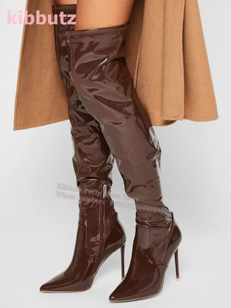 

Сапоги из лакированной кожи с острым носком на тонком каблуке выше колена, однотонные коричневые боковые молнии, модная лаконичная пикантная новейшая высокая женская обувь