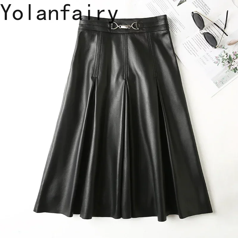 

Genuine Sheepskin Leather Skirt for Womens Clothing A Line Skirt Korean Style High Waist Vintage Skirt Knee-length Women Skirts