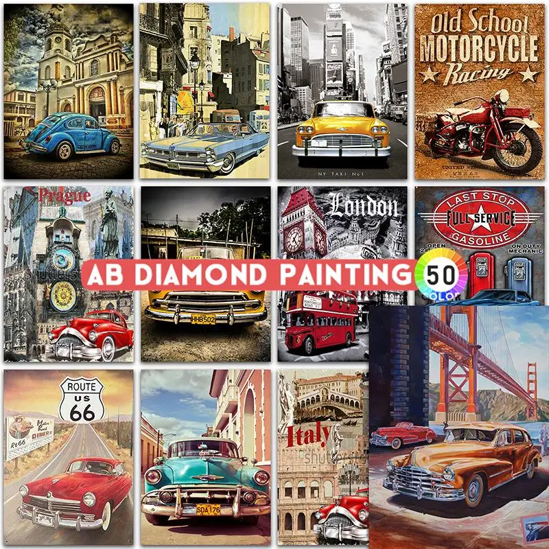 AB pittura diamante fai da te paesaggio rosso VW auto Bus parigi piazza piena diamante rotondo ricamo punto croce diamante mosaico vernice