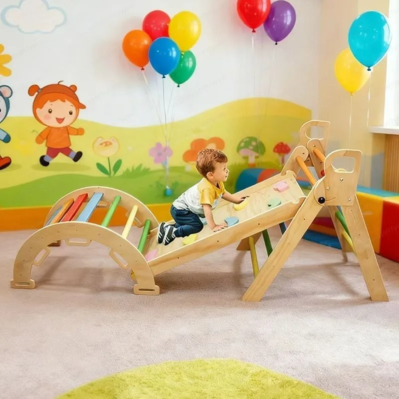 Solid Wood Kids Climbing Slide Combo, Small Indoor Household Bedside Slide for Toddler Sensory Integration Training