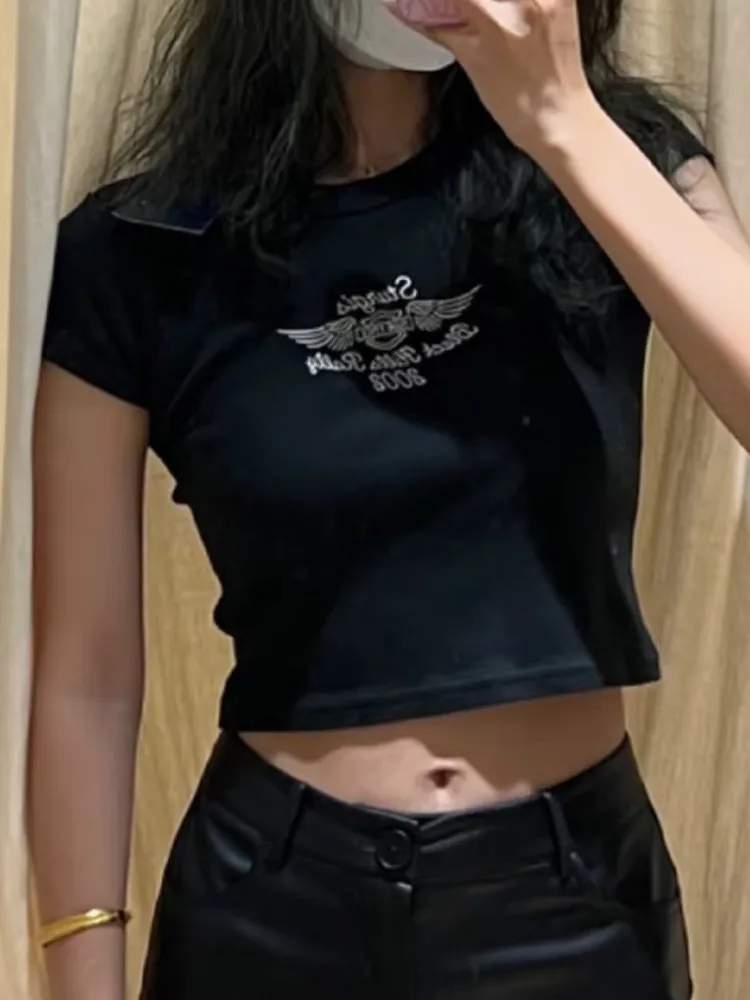 Casual Women Black Wings Embroidery Tees 2023 Summer Vintage O Neck Short Sleeves Female Chic Tops