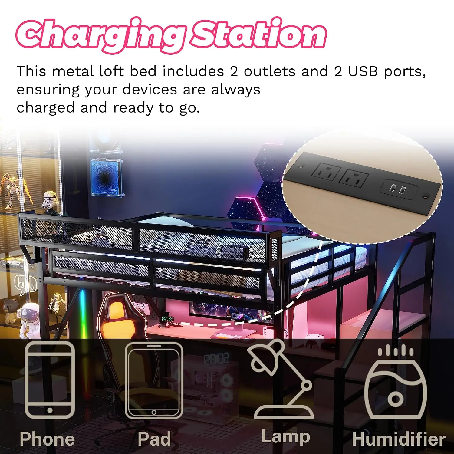 Metal Loft Bed with Desk & RGB LED,Queen with Stairs & Charging,Kids Loft Bed with Storage & Wardrobe,Customized image 5