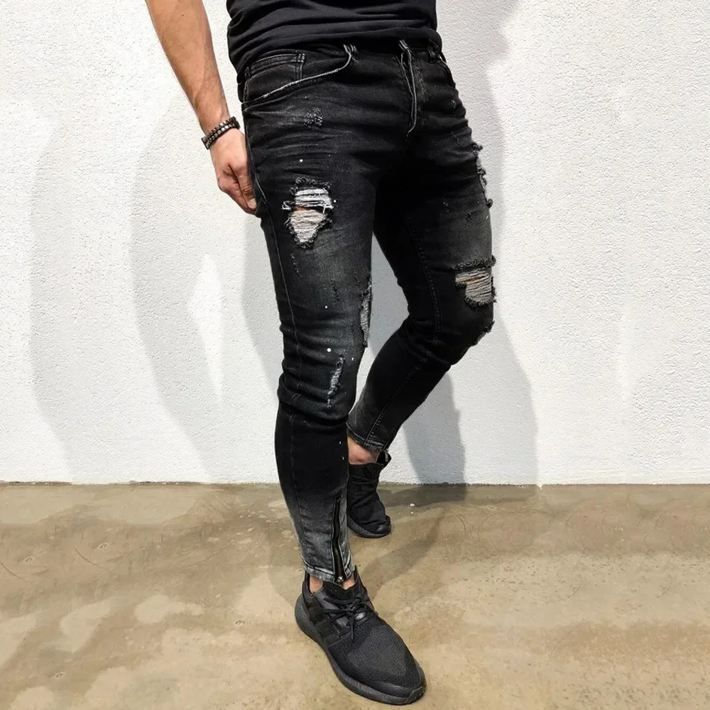 Jeans Men Fashion Street Hole Black Pencil Pants Motorcycle Party Casual Denim Trousers Zipper Cool Design Джинсы Для Мужчин#lr2