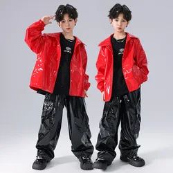 Girl'S Jazz Dance Costume Model Runway Show Shiny Leather Pants Set Fashion Red Suit Streetwear Hip Hop Stage Clothes