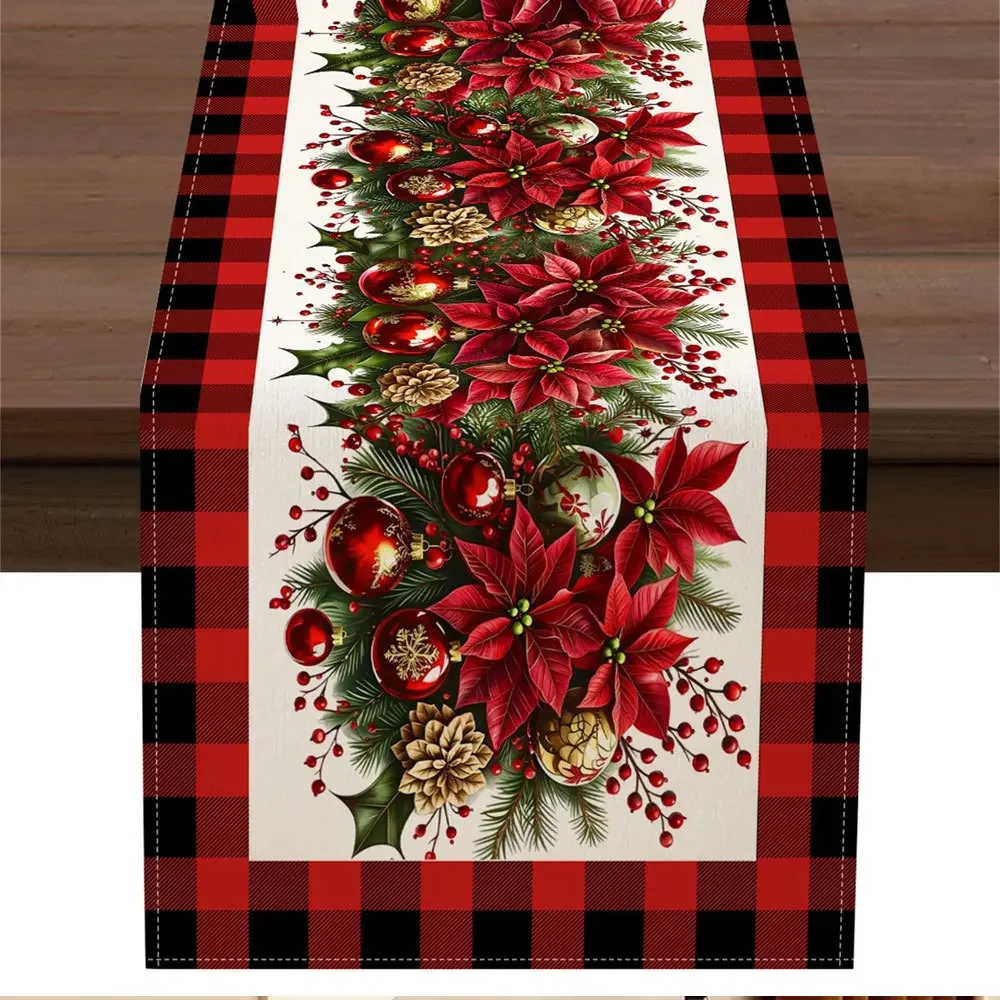 Table Runner Linen Fall Harvest Pumpkin on Off White with Buffalo Plaid Border Autumn Table Decor Thanksgiving Dinner