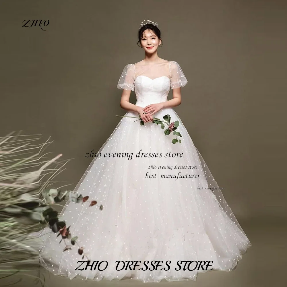 

ZHIO White A-line Tulle Korean Wedding Dress Heart Neckline Short Bubble Sleeve Customized Back Floor Length Wedding Shooting
