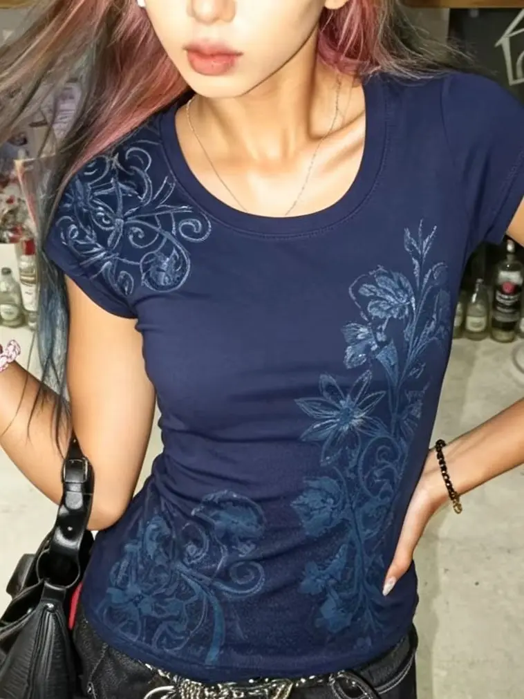 Y2K Retro Women Slim Fit Tee Navy Round Neck Metallic Floral Scroll Print Cap Short Sleeve Aesthetic Boho Vintage Casual Daily W