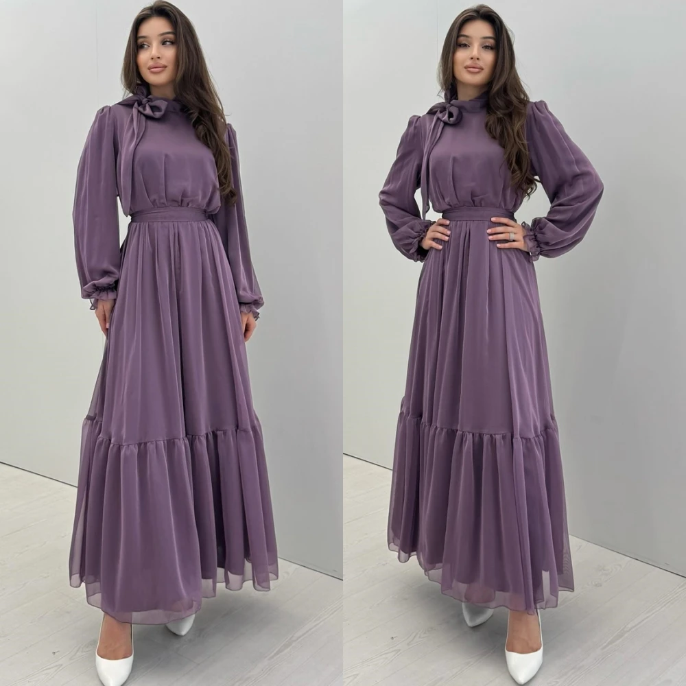 

Customized Elegant Chiffon Evening Dress Exquisite Long Sleeves Prom Dresses Modern O-Neck Bow A-Line Special Occasion Gowns