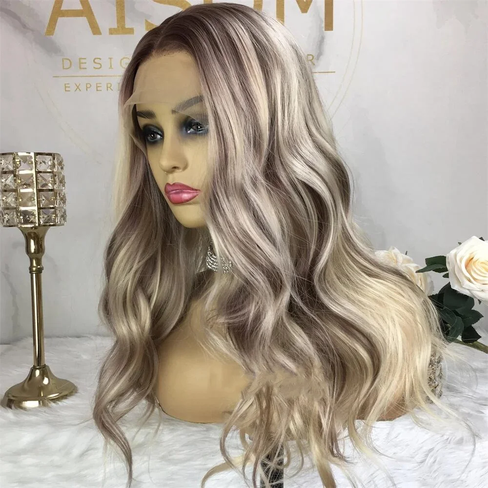 Soft 180Density 26Inch Ombre Ash Blonde Gray Body Wave Long Lace Front Wig For Women With Baby Hair Preplucked Daily Glueless