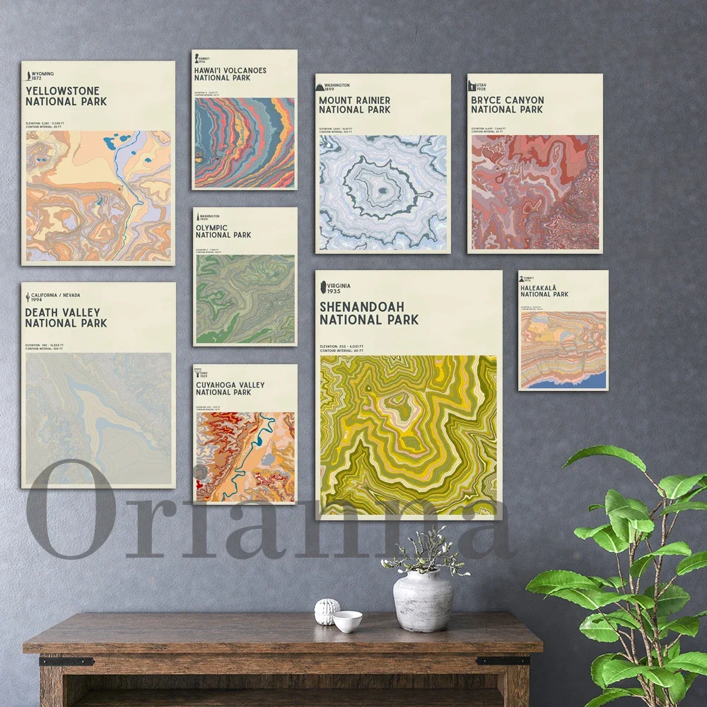 Shenandoah Zion Bryce Canyon Death Valley Canvas National Parks Series Topographic Contour Map Museum Wall Art Prints Posters