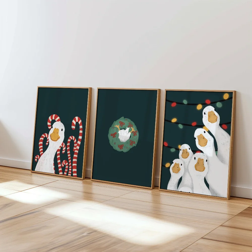 Frameless Printable Christmas Duck Poster, Dark Green, White Duck, Whimsical Holiday, Red Candy Cane, Christmas Gift Decoration